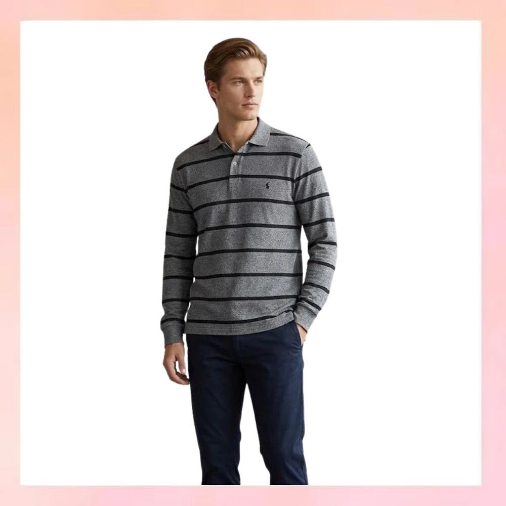 Vintage Polo Ralph Lauren Striped Long Sleeve Polo Shirt Heather Grey Black L